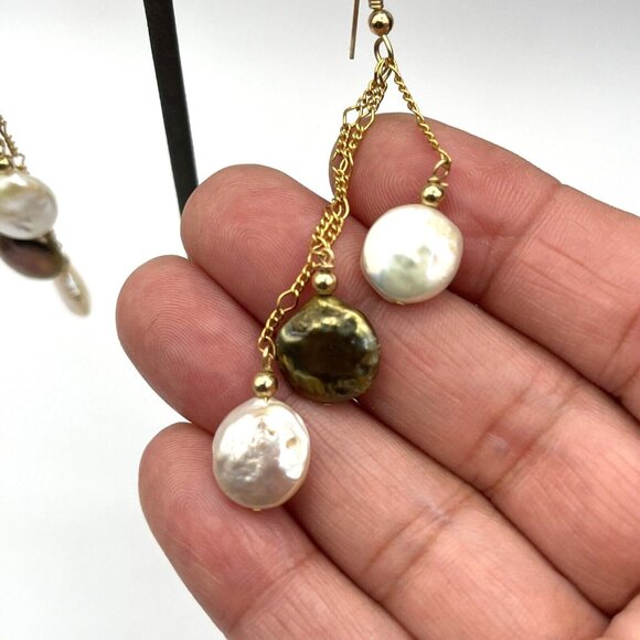 18k GF Natural Coin Pearl Necklace Triple Strand With Pierced Earrings Set 16" - Picture 5 of 11